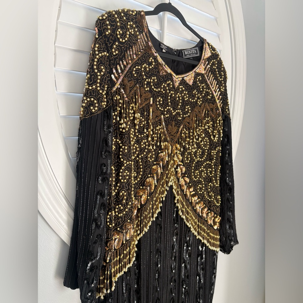 Rosita vintage black silk fully beaded and sequined long-sleeve evening gown 3X - Picture 7 of 16